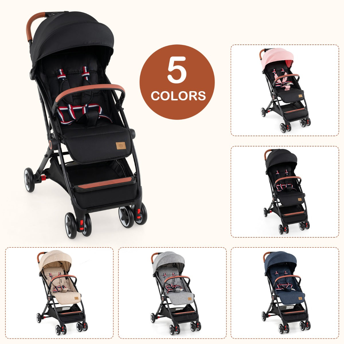 Canopy Stroller with Adjustable 95°- 175°Backrest for Baby-Black