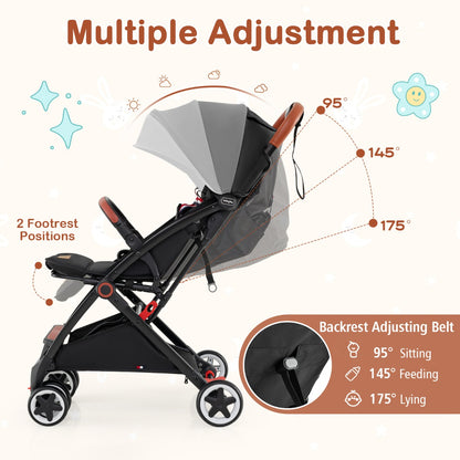 Canopy Stroller with Adjustable 95°- 175°Backrest for Baby-Black