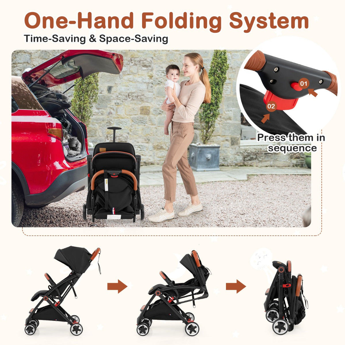Canopy Stroller with Adjustable 95°- 175°Backrest for Baby-Black