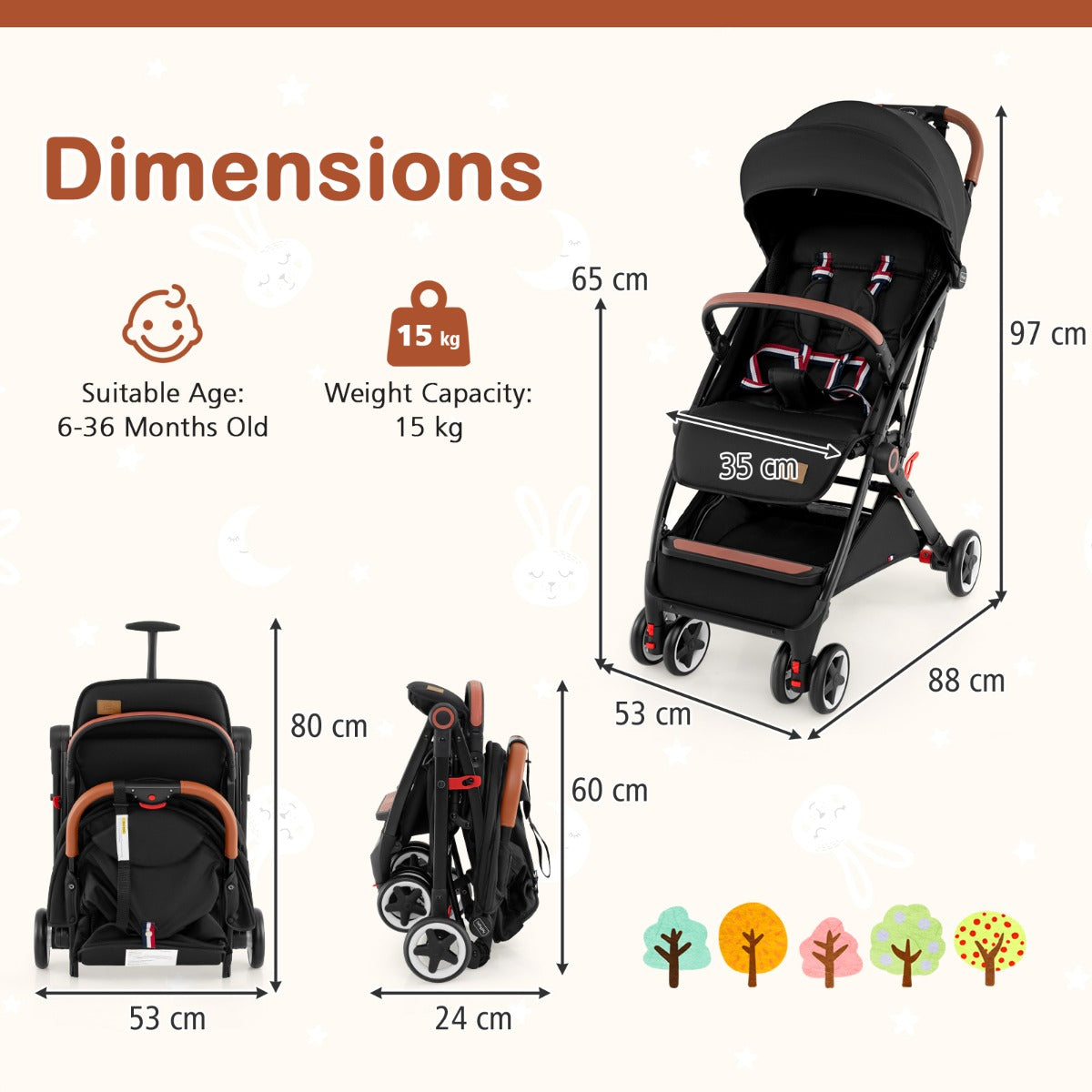 Canopy Stroller with Adjustable 95°- 175°Backrest for Baby-Black