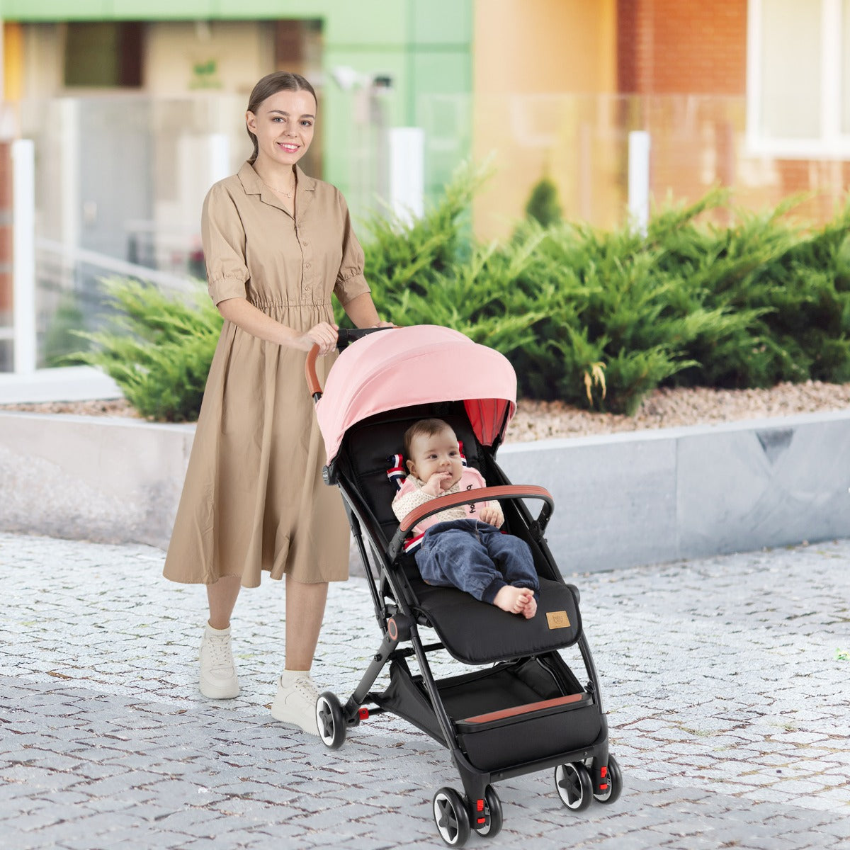 Canopy Stroller with Adjustable 95°- 175°Backrest for Baby-Pink