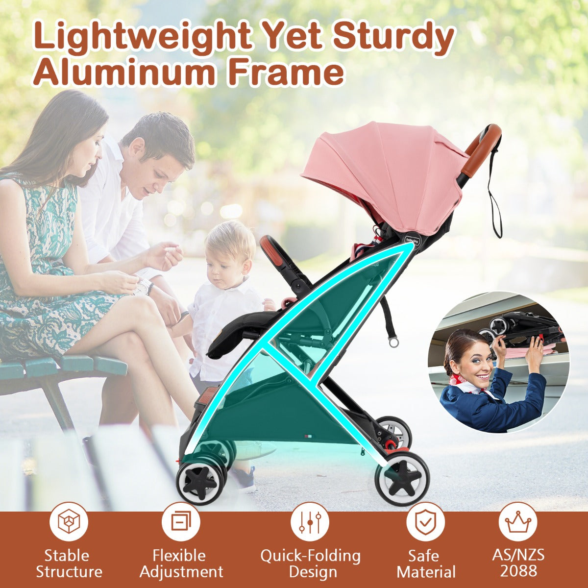 Canopy Stroller with Adjustable 95°- 175°Backrest for Baby-Pink