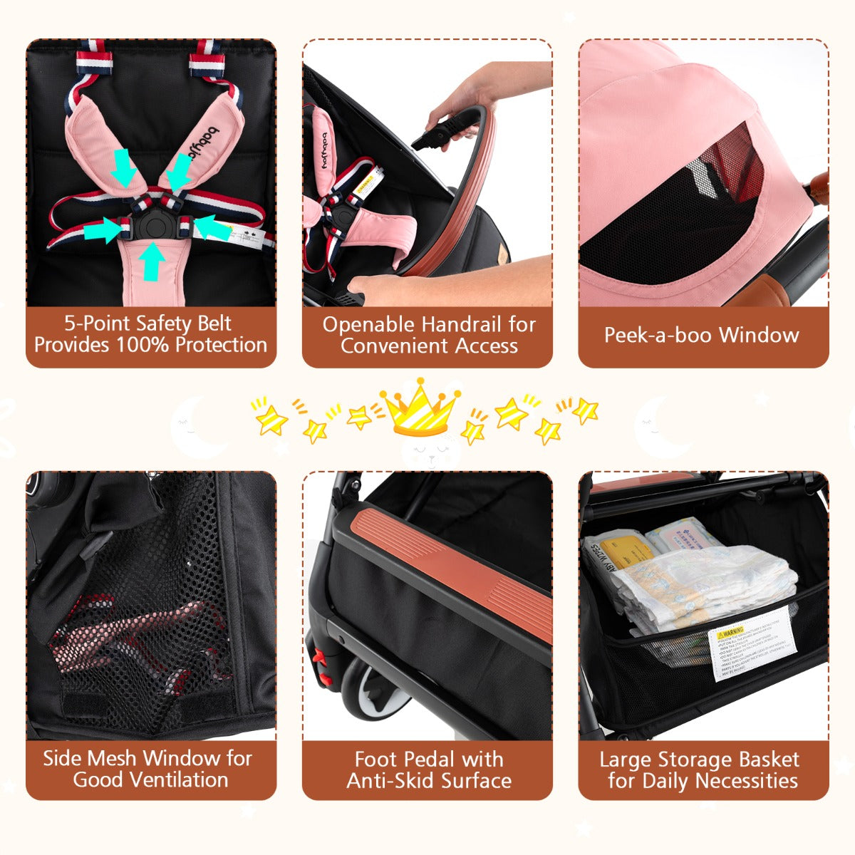 Canopy Stroller with Adjustable 95°- 175°Backrest for Baby-Pink