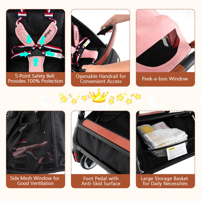 Canopy Stroller with Adjustable 95°- 175°Backrest for Baby-Pink