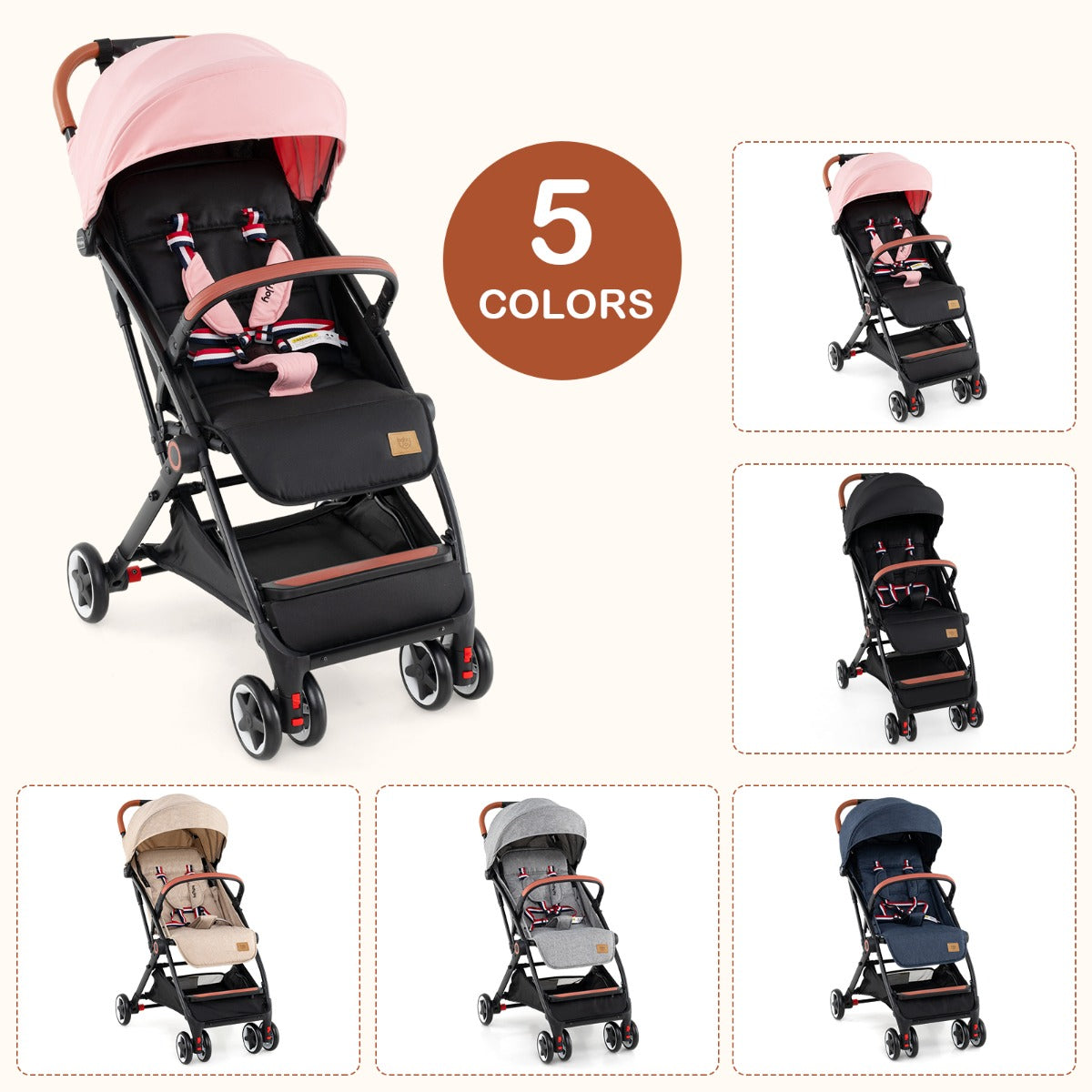 Canopy Stroller with Adjustable 95°- 175°Backrest for Baby-Pink
