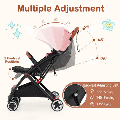 Canopy Stroller with Adjustable 95°- 175°Backrest for Baby-Pink