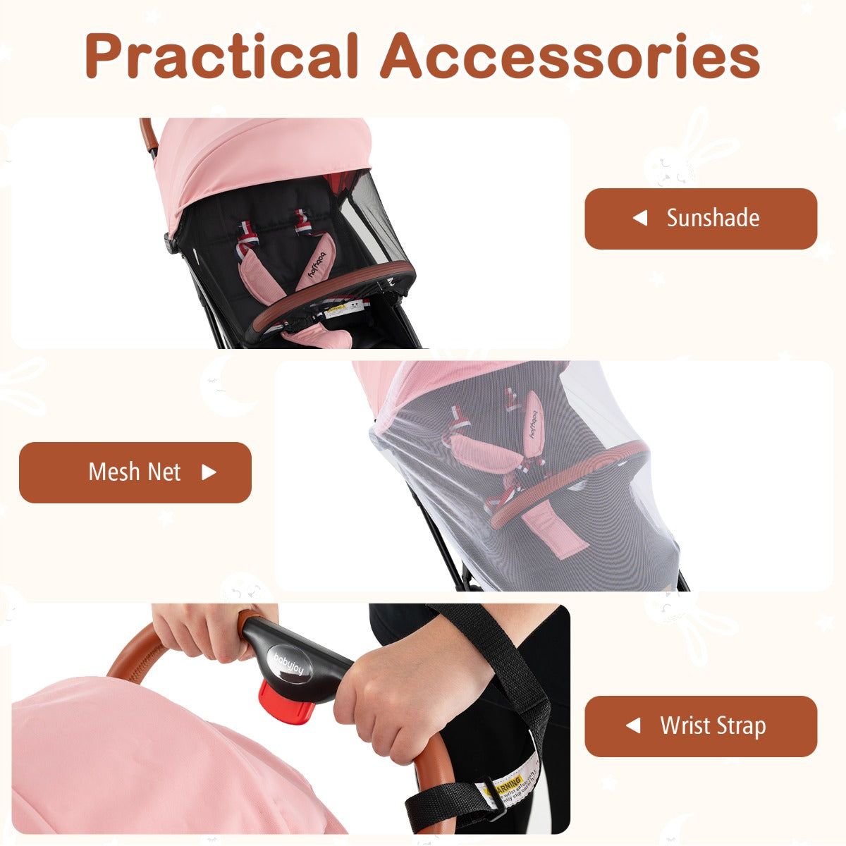 Canopy Stroller with Adjustable 95°- 175°Backrest for Baby-Pink