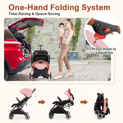 Canopy Stroller with Adjustable 95°- 175°Backrest for Baby-Pink