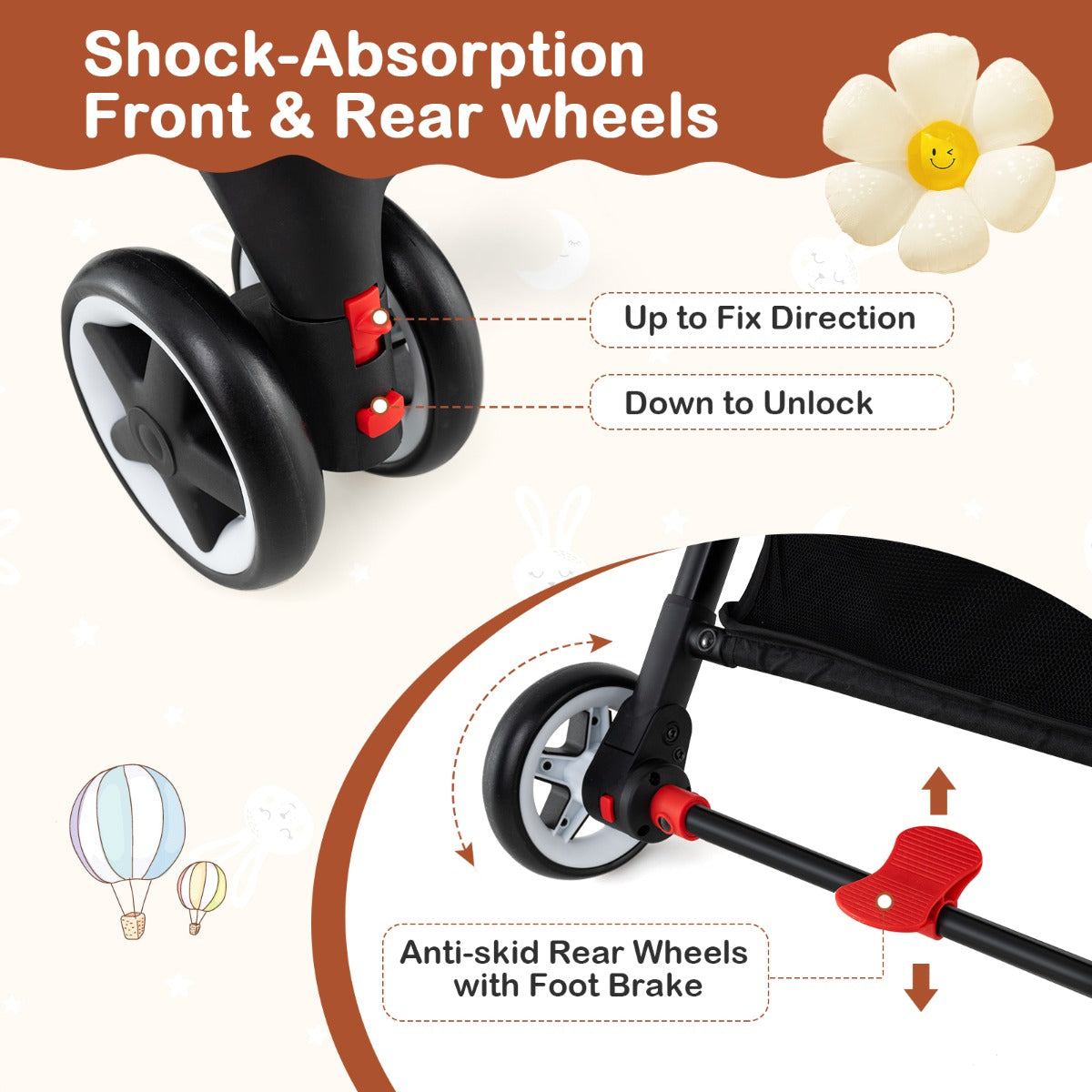 Canopy Stroller with Adjustable 95°- 175°Backrest for Baby-Pink