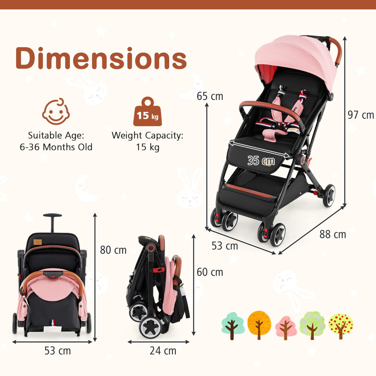 Canopy Stroller with Adjustable 95°- 175°Backrest for Baby-Pink