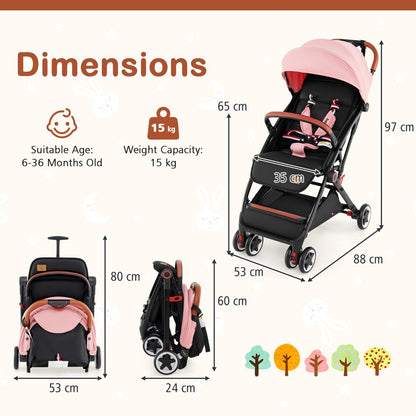Canopy Stroller with Adjustable 95°- 175°Backrest for Baby-Pink