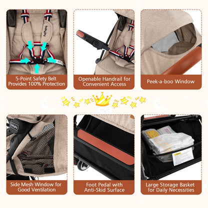 Canopy Stroller with Adjustable 95°- 175°Backrest for Baby-Beige