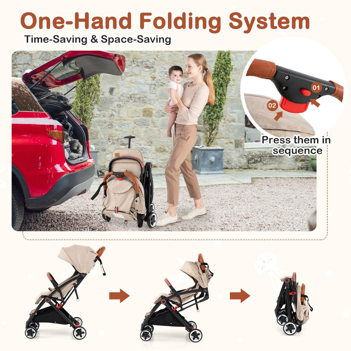 Canopy Stroller with Adjustable 95°- 175°Backrest for Baby-Beige