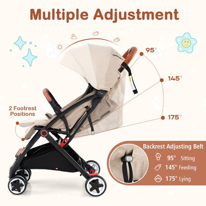 Canopy Stroller with Adjustable 95°- 175°Backrest for Baby-Beige