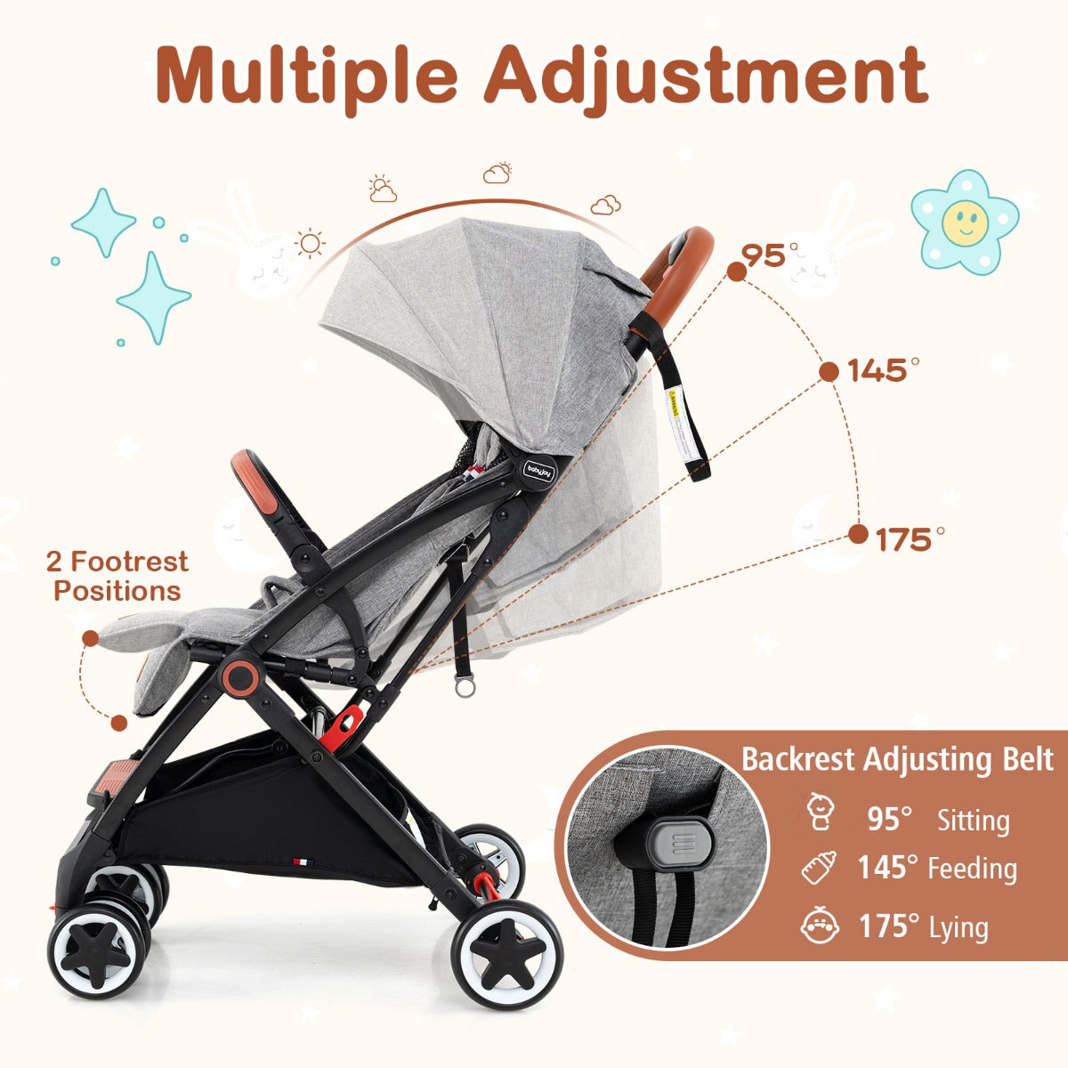 Canopy Stroller with Adjustable 95°- 175°Backrest for Baby-Grey