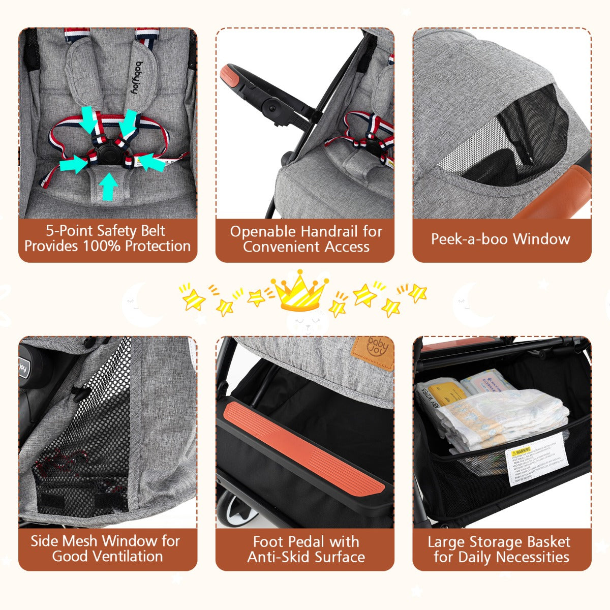 Canopy Stroller with Adjustable 95°- 175°Backrest for Baby-Grey