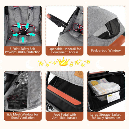 Canopy Stroller with Adjustable 95°- 175°Backrest for Baby-Grey