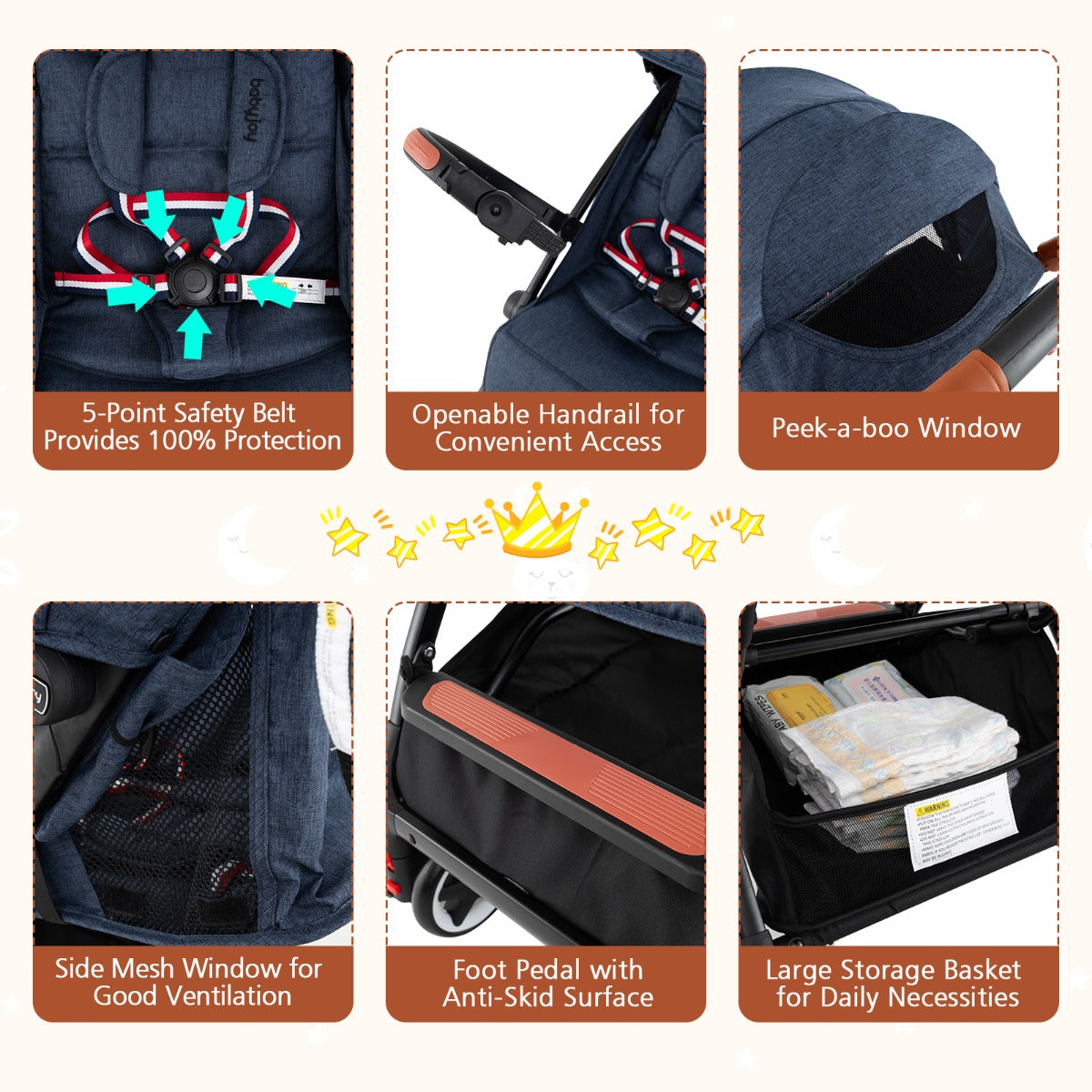 Canopy Stroller with Adjustable 95°- 175°Backrest for Baby-Navy