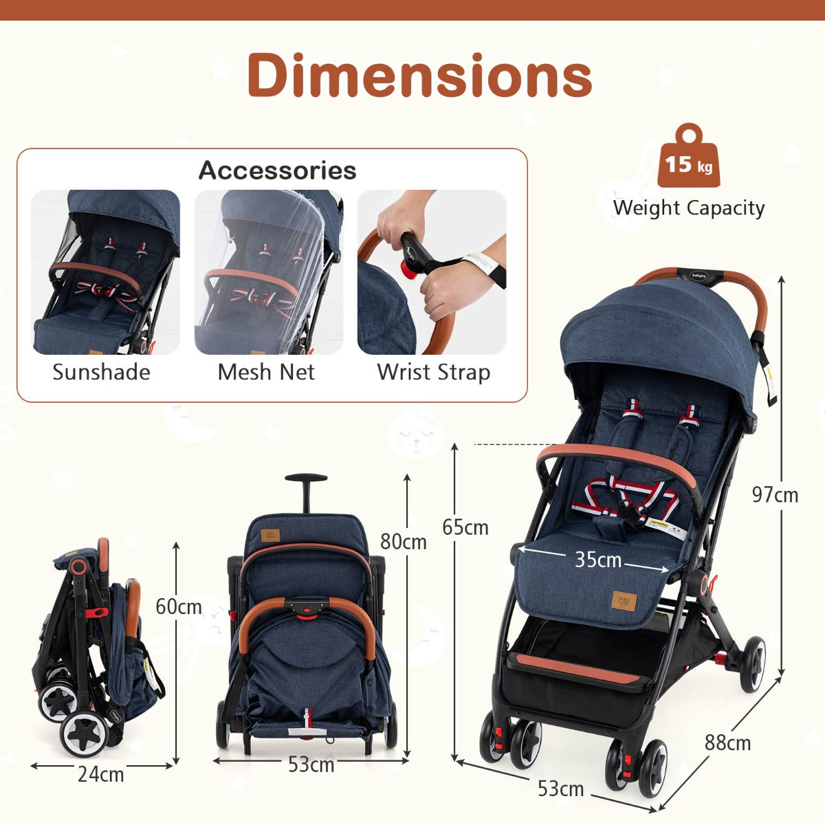 Canopy Stroller with Adjustable 95°- 175°Backrest for Baby-Navy