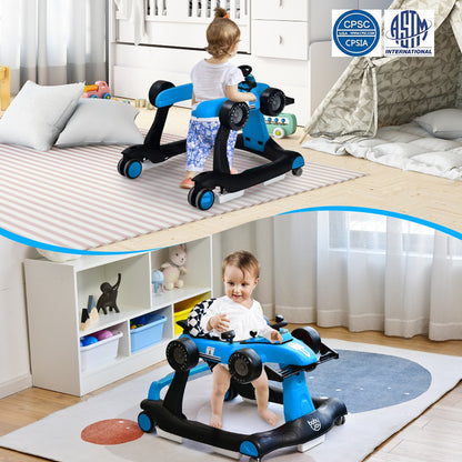 4-in-1 Foldable Activity Car Walker with Adjustable Height and Speed-Blue