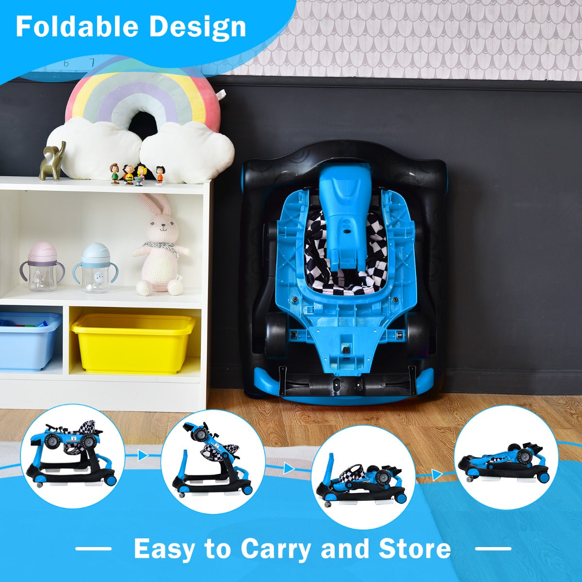 4-in-1 Foldable Activity Car Walker with Adjustable Height and Speed-Blue