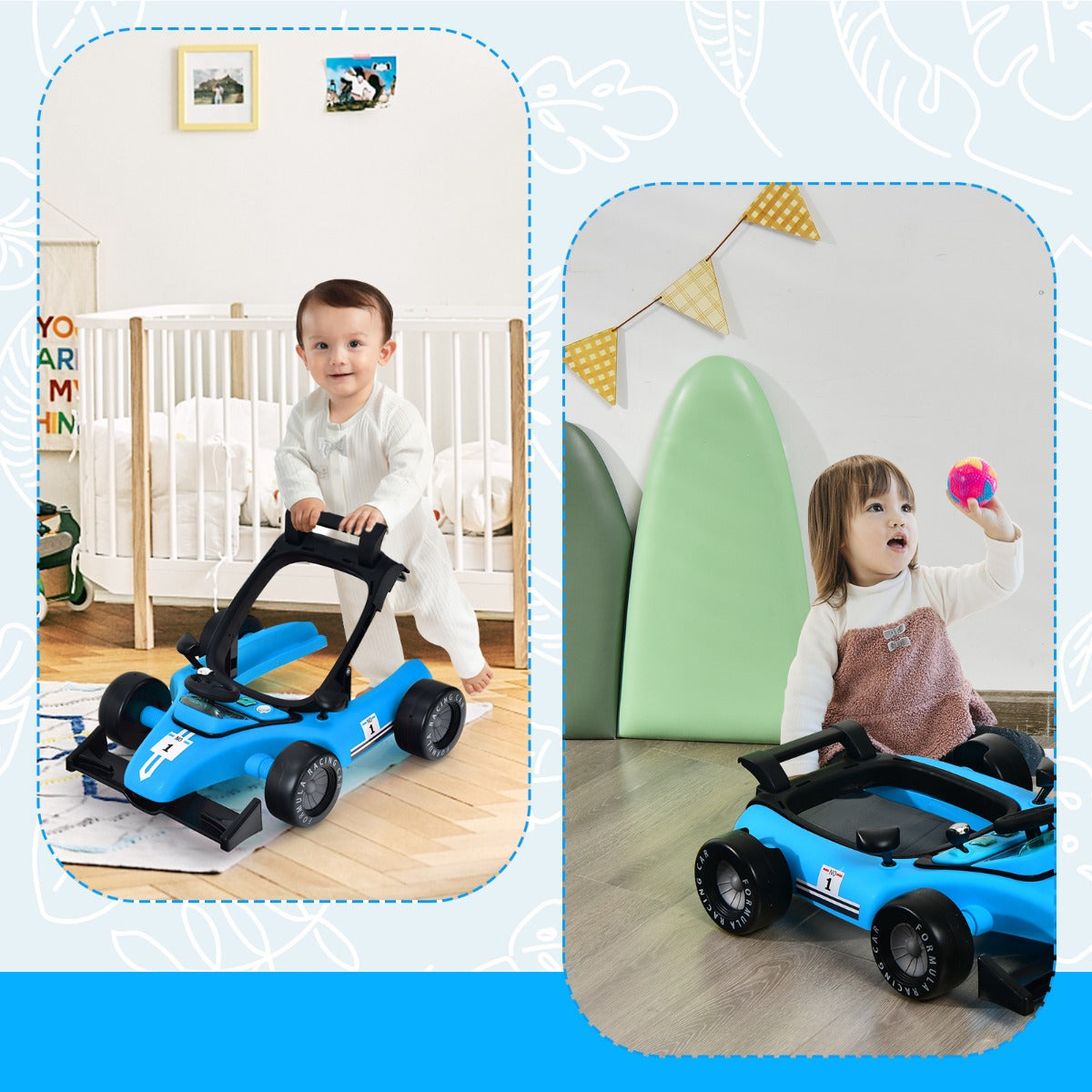 4-in-1 Foldable Activity Car Walker with Adjustable Height and Speed-Blue