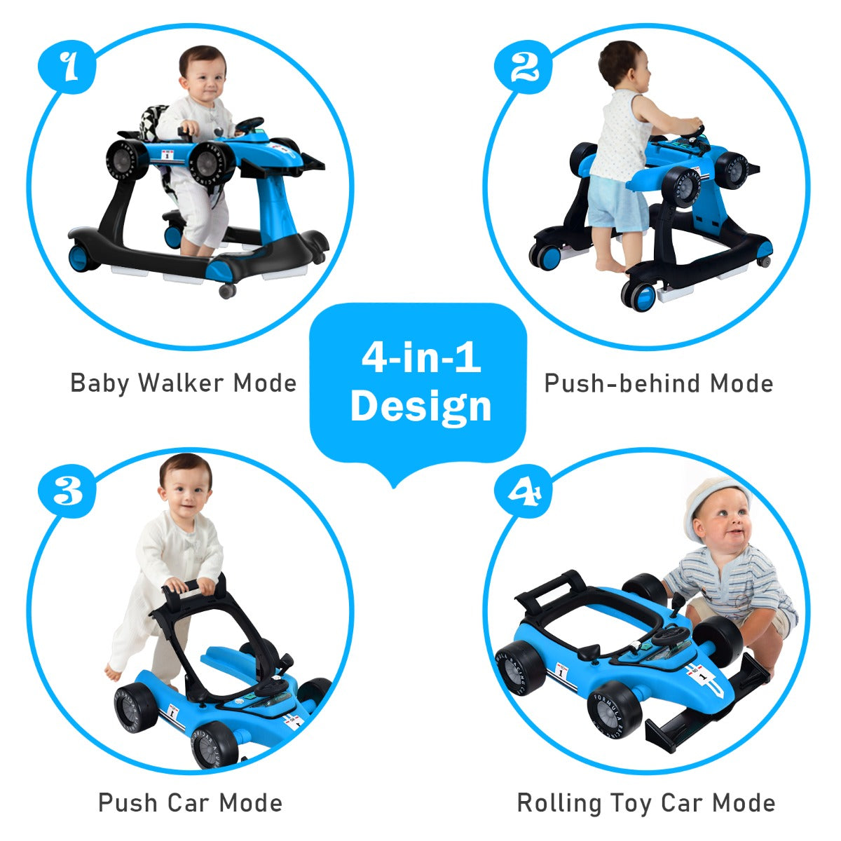 4-in-1 Foldable Activity Car Walker with Adjustable Height and Speed-Blue