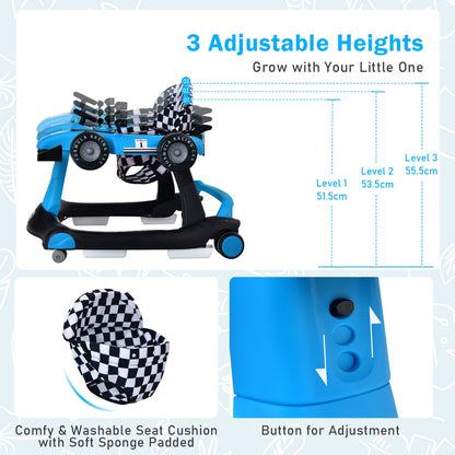 4-in-1 Foldable Activity Car Walker with Adjustable Height and Speed-Blue