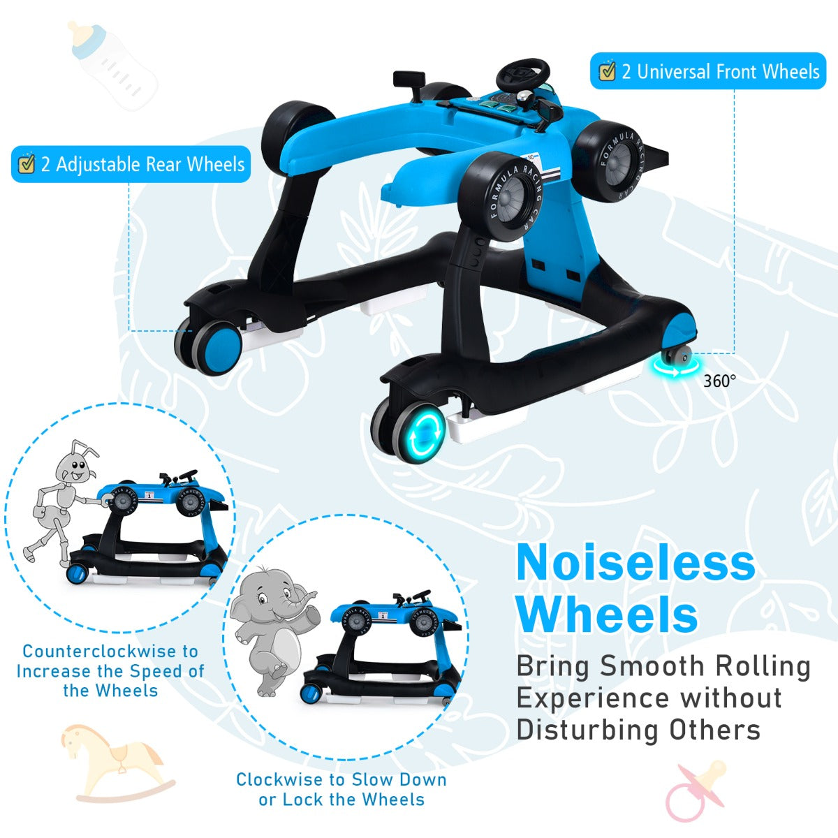 4-in-1 Foldable Activity Car Walker with Adjustable Height and Speed-Blue