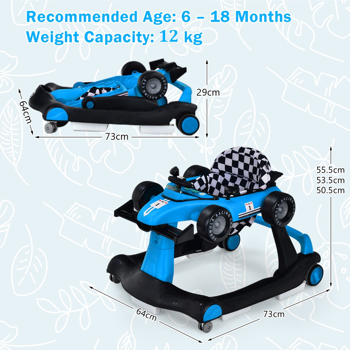 4-in-1 Foldable Activity Car Walker with Adjustable Height and Speed-Blue