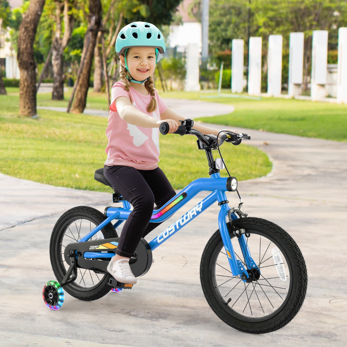 Kids Bike Carbon Steel LED Lighted Children Bicycle Adjustable-Navy-16 inches