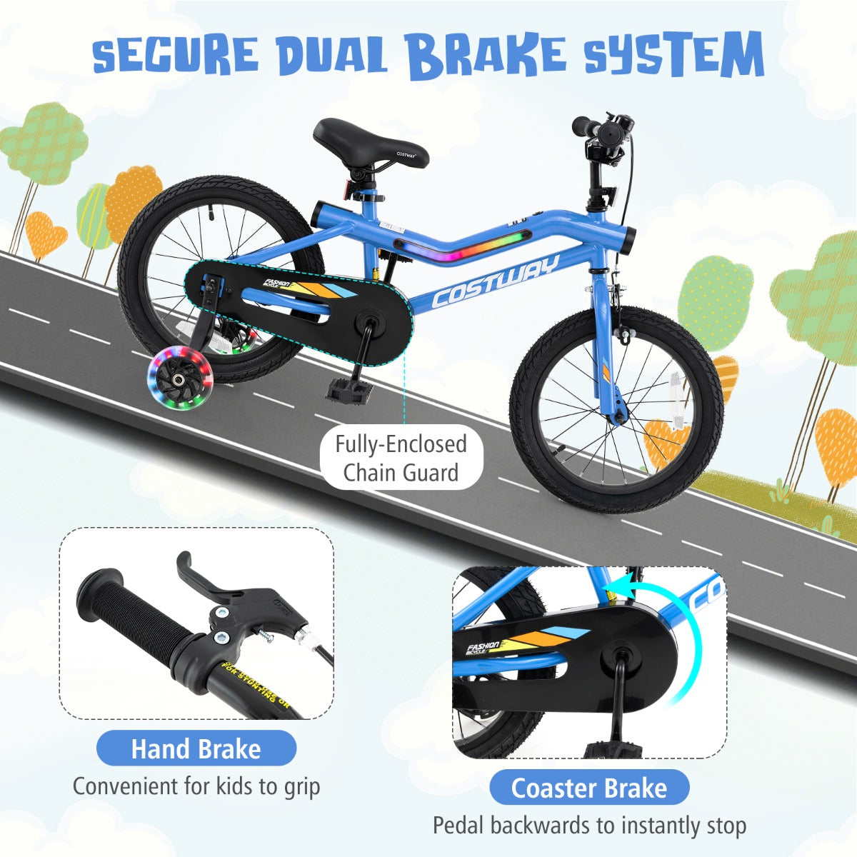 Kids Bike Carbon Steel LED Lighted Children Bicycle Adjustable-Navy-16 inches