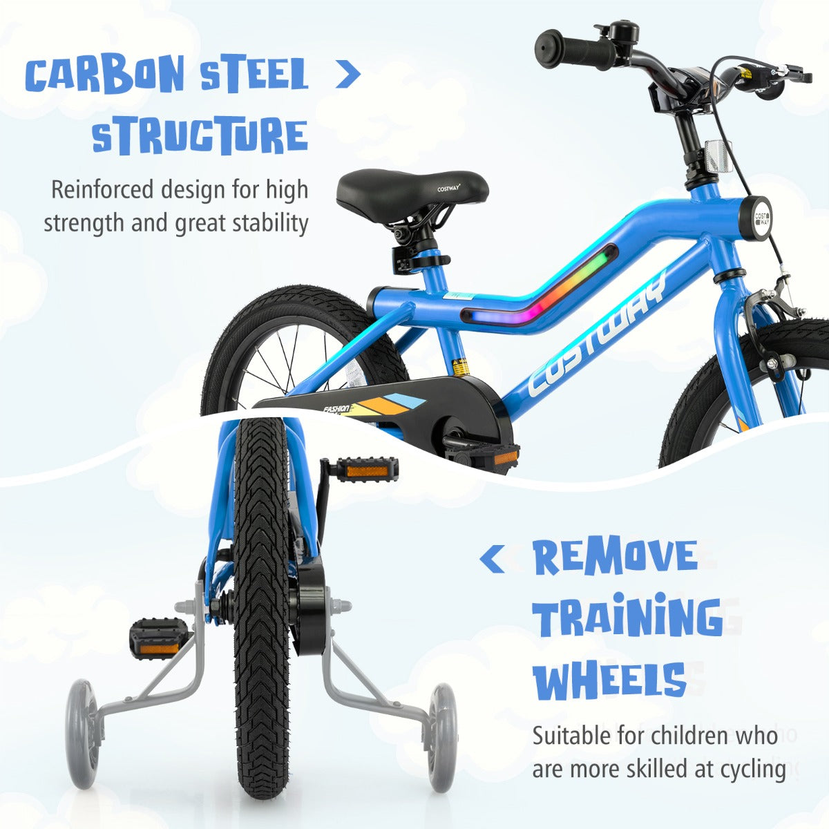 Kids Bike Carbon Steel LED Lighted Children Bicycle Adjustable-Navy-16 inches