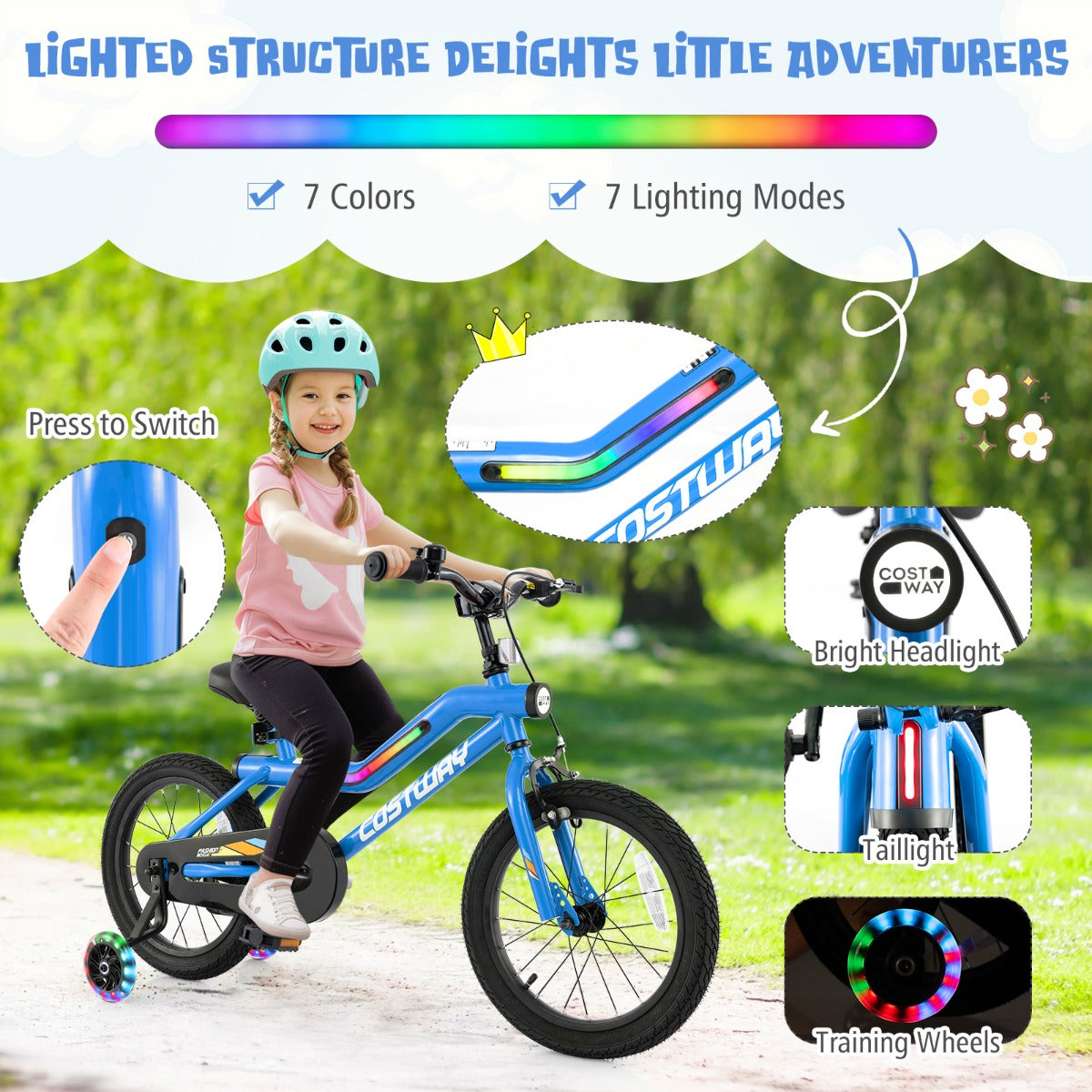 Kids Bike Carbon Steel LED Lighted Children Bicycle Adjustable-Navy-16 inches