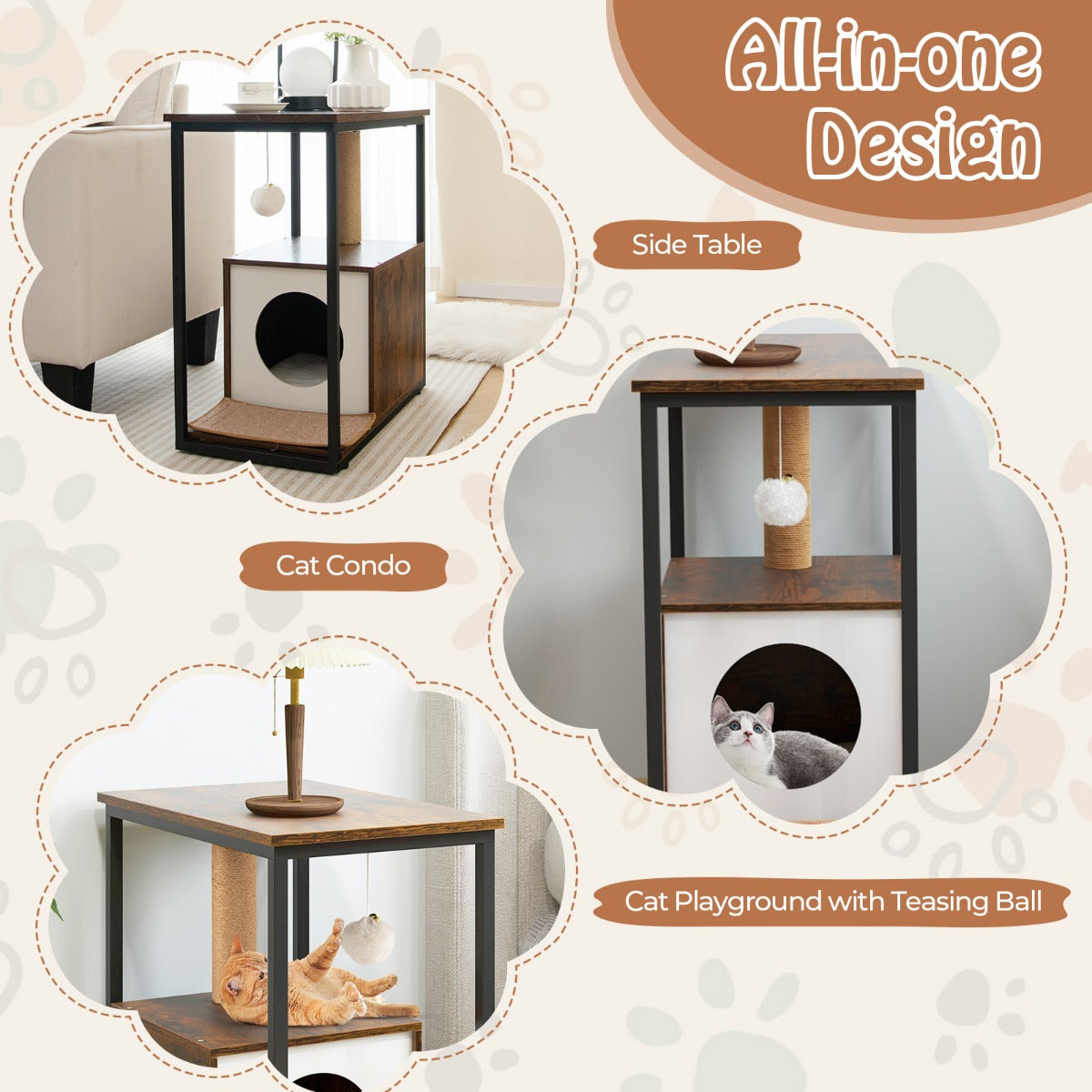 Multi-purpose cat furniture works as a nightstand cat house scratching station and playground