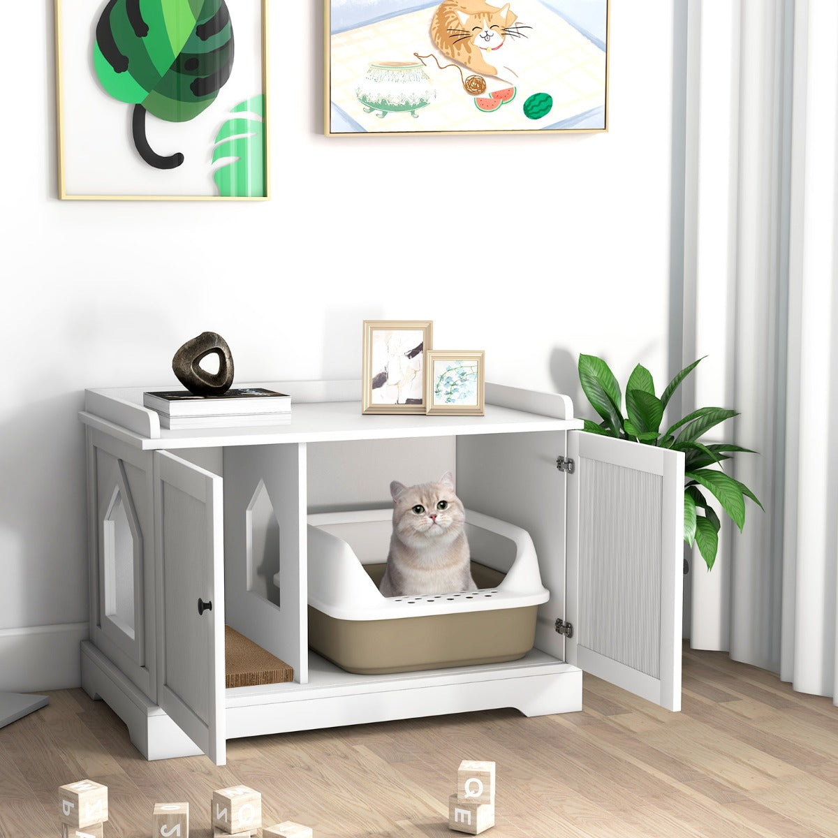 Cat Litter Box Enclosure with Cat Scratching Pad for Pet
