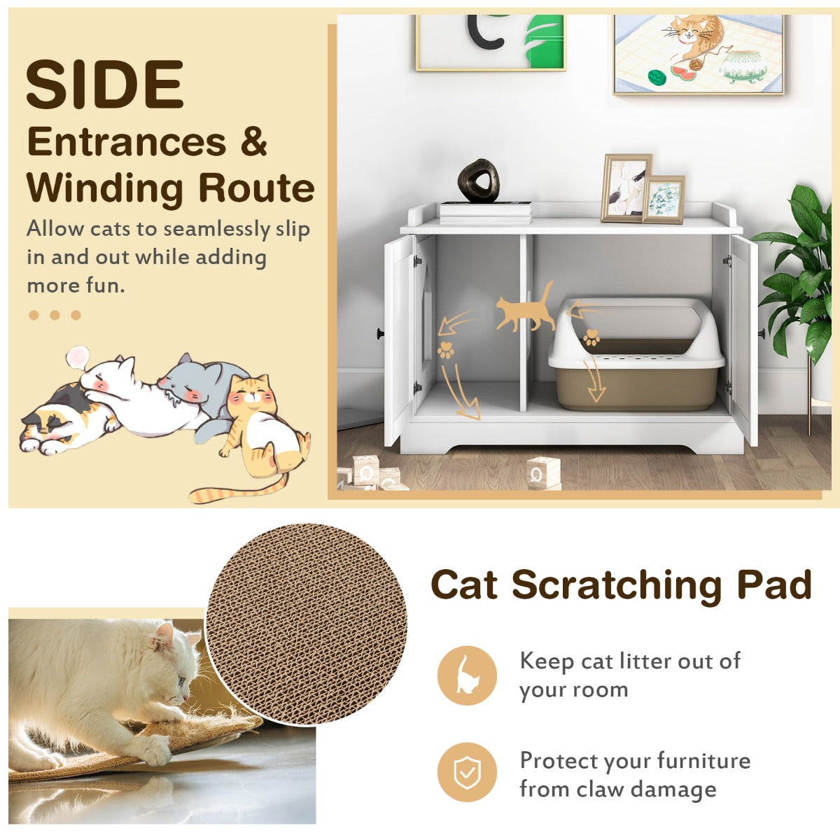 Cat Litter Box Enclosure with Cat Scratching Pad for Pet
