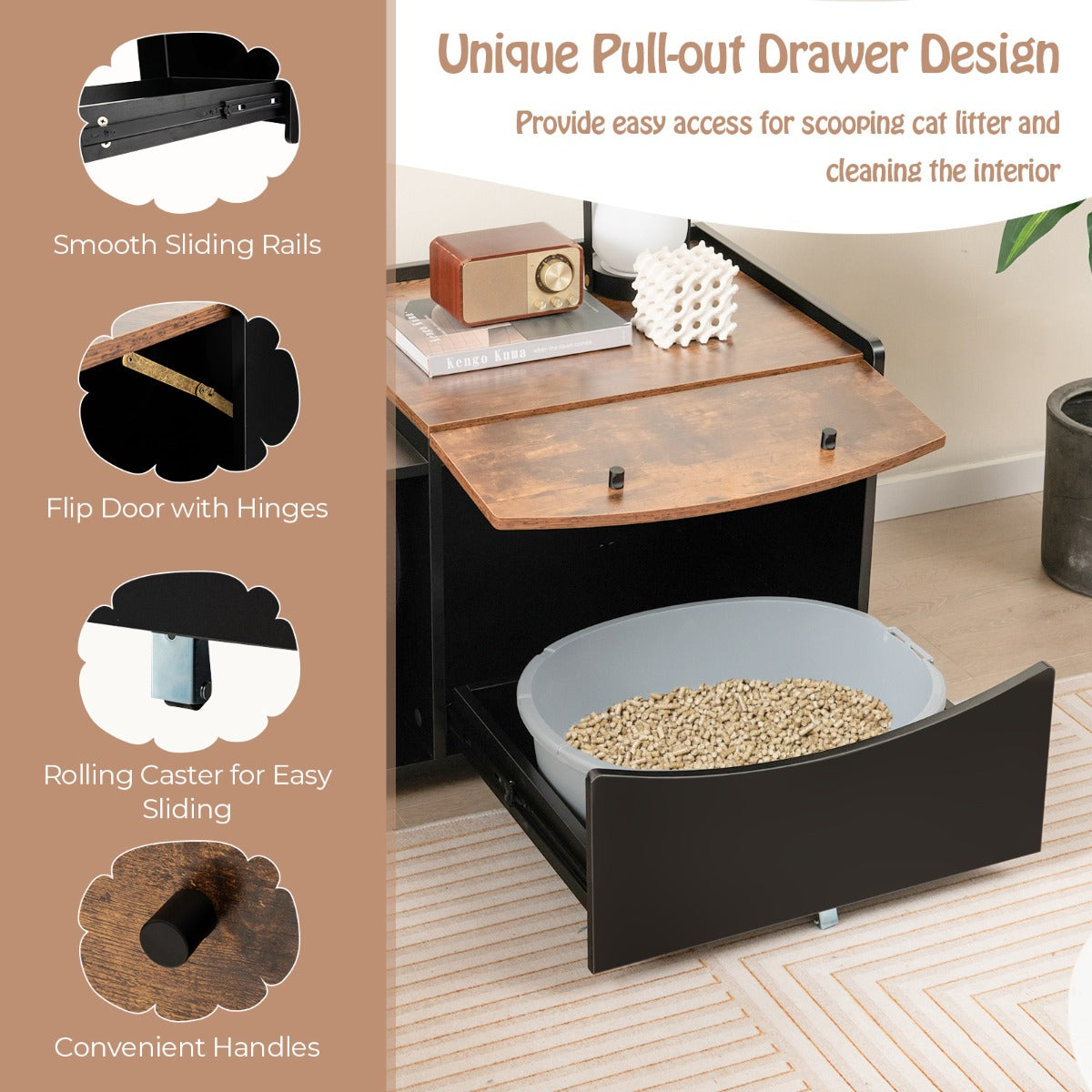 Costway Cat Litter Box Enclosure with Pull-out Drawer and Rolling Caster