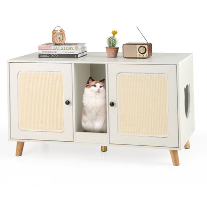 Cat Litter Box Enclosure for 2 Cats with Double Rooms and 2 Sisal Scratching Mats-White