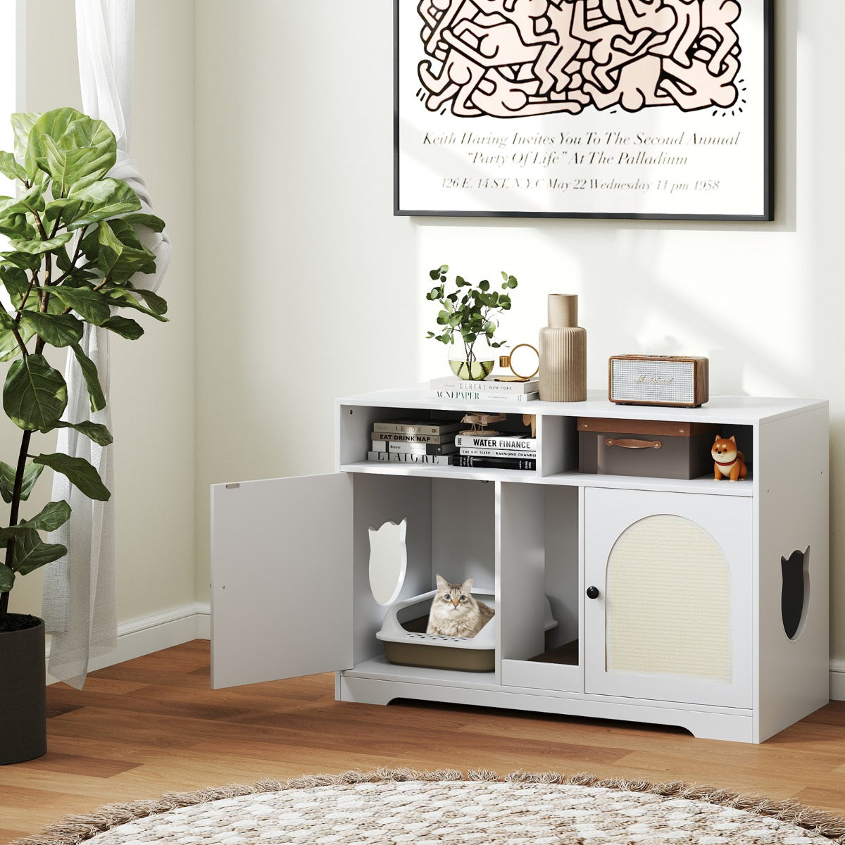 Cat Litter Box Enclosure with Storage and Double Rooms for 2 Cats-White