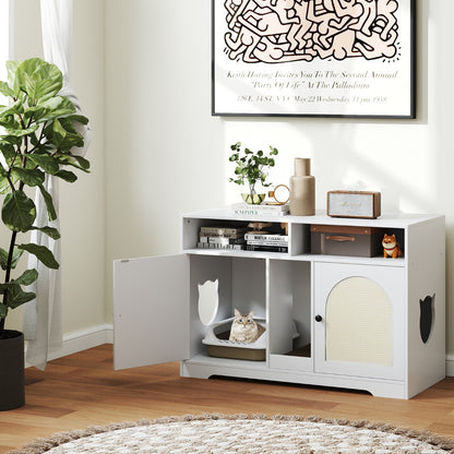 Cat Litter Box Enclosure with Storage and Double Rooms for 2 Cats-White