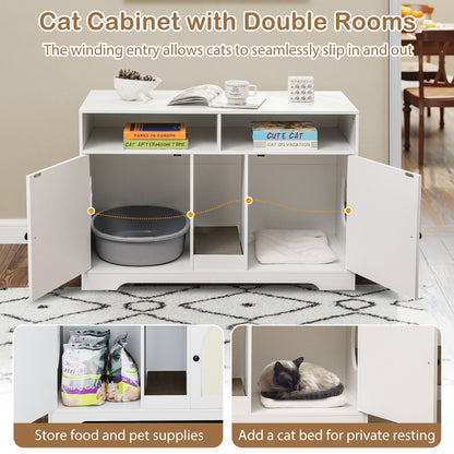Cat Litter Box Enclosure with Storage and Double Rooms for 2 Cats-White