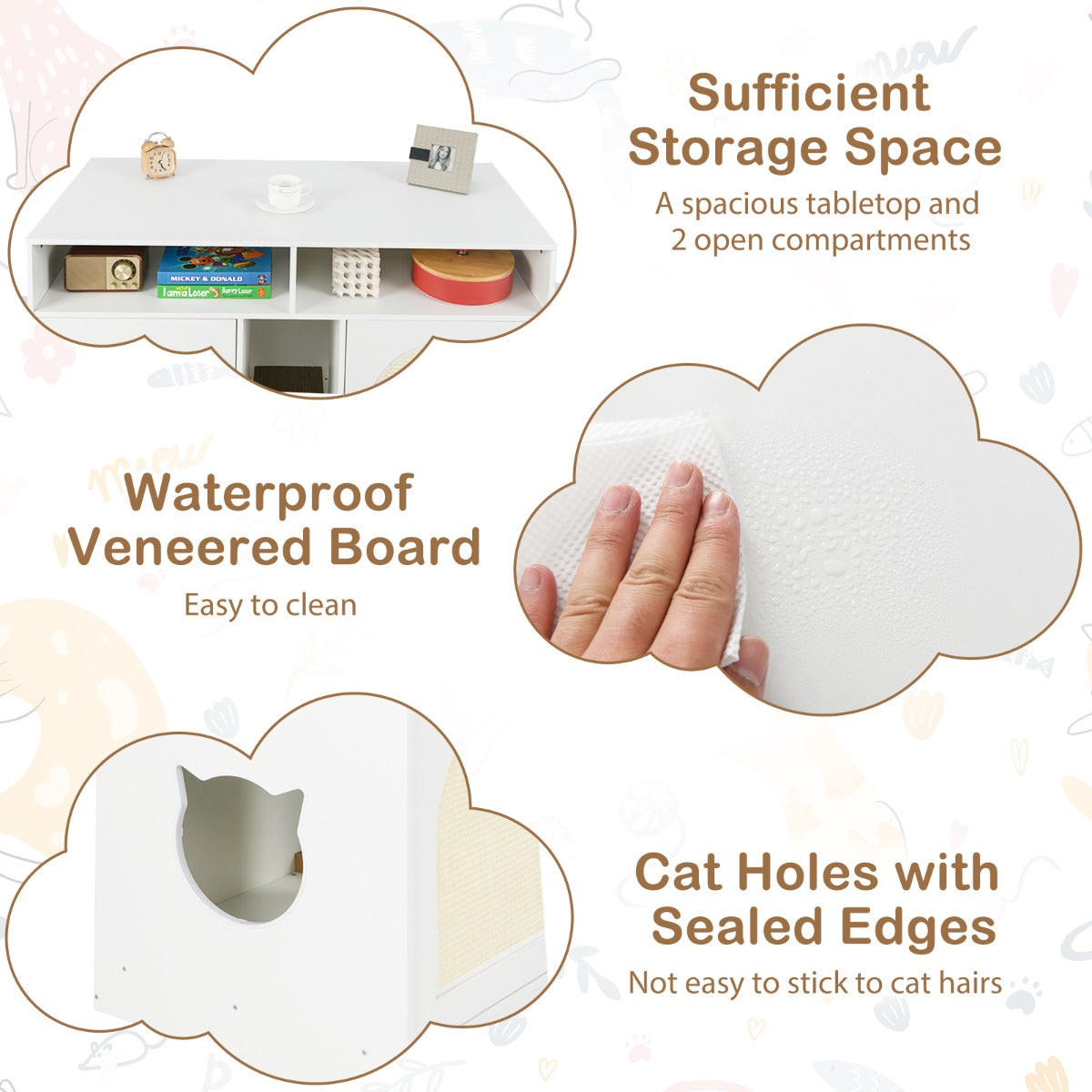 Cat Litter Box Enclosure with Storage and Double Rooms for 2 Cats-White