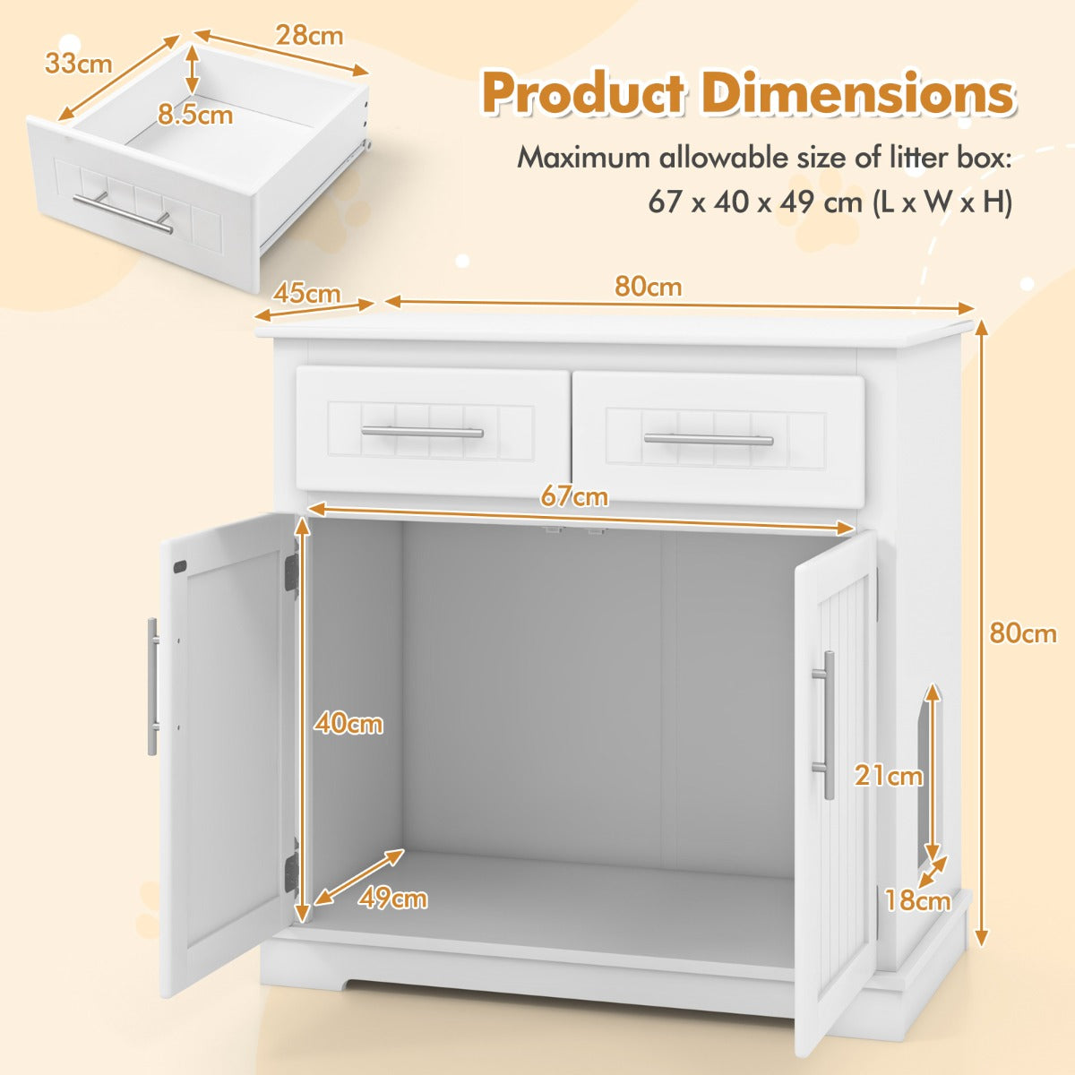 Costway Cat Litter Box Enclosure with 2 Drawers and Double Doors-White