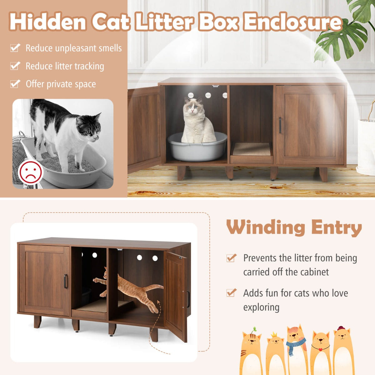 Costway Cat Litter Box Enclosure TV Stand with Scratching Board-Brown
