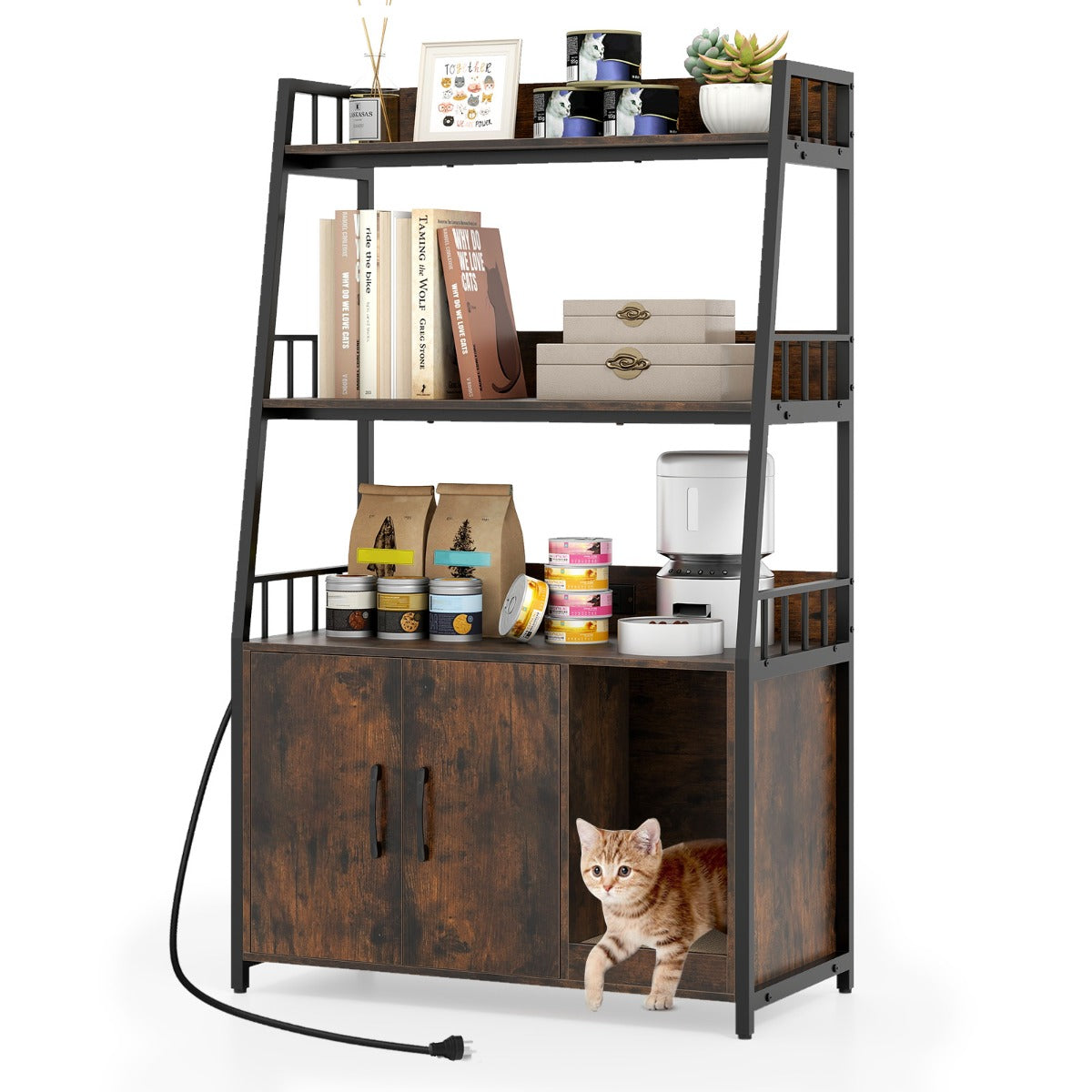 Cat Litter Box Enclosure with Storage Shelves and Scratching Pad-Brown