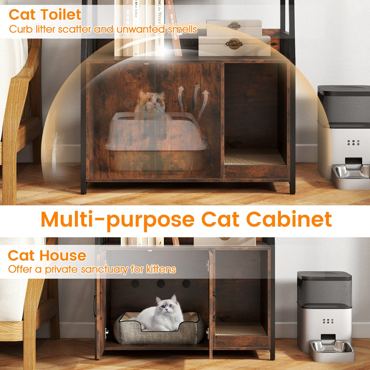 Cat Litter Box Enclosure with Storage Shelves and Scratching Pad-Brown