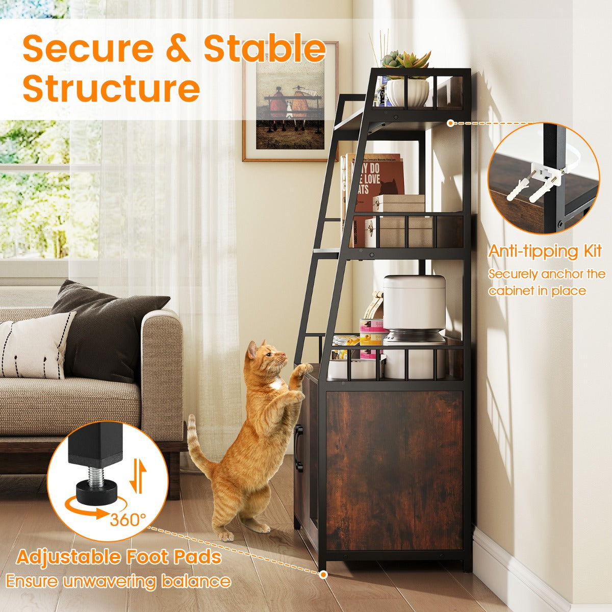 Cat Litter Box Enclosure with Storage Shelves and Scratching Pad-Brown