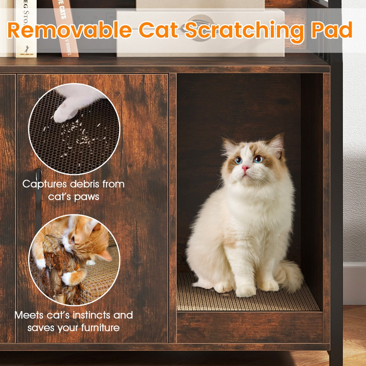 Cat Litter Box Enclosure with Storage Shelves and Scratching Pad-Brown