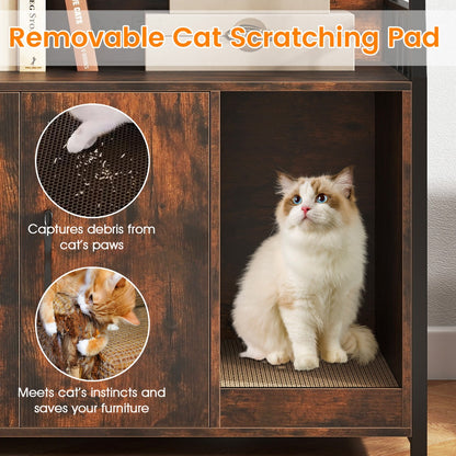 Cat Litter Box Enclosure with Storage Shelves and Scratching Pad-Brown